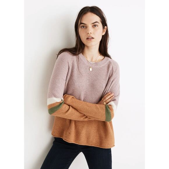 Madewell Sweater Womens Small Pink Tan Striped Roll-Trim Waffle Pullover Wool - Picture 1 of 11